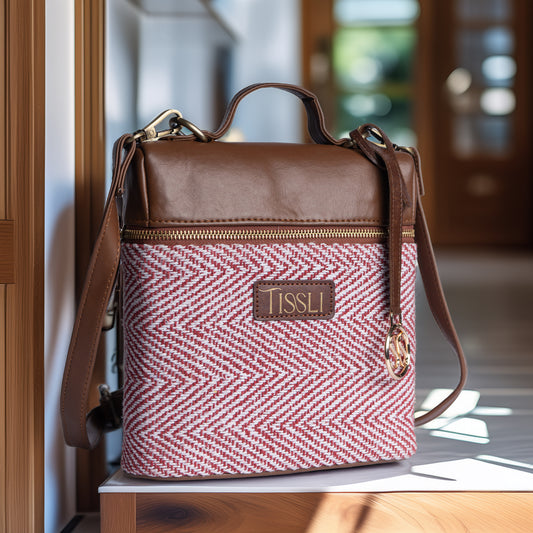 Vintage Wine Chevron Cross Body Bag with Tan Leather Detailing | Handwoven Statement Bag