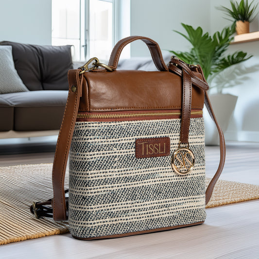 Handcrafted Stripe Backpack | Textured Weave with Premium Leather Finish and Adjustable Strap