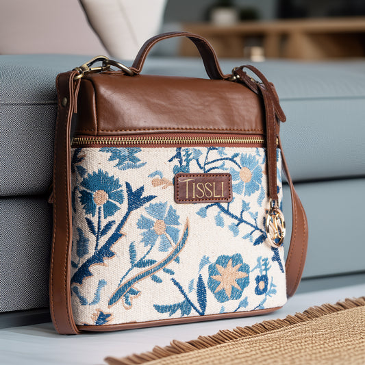 Paisley Paradise Blue Floral Backpack with Brown Leather Detailing | Handwoven Everyday Travel Bag