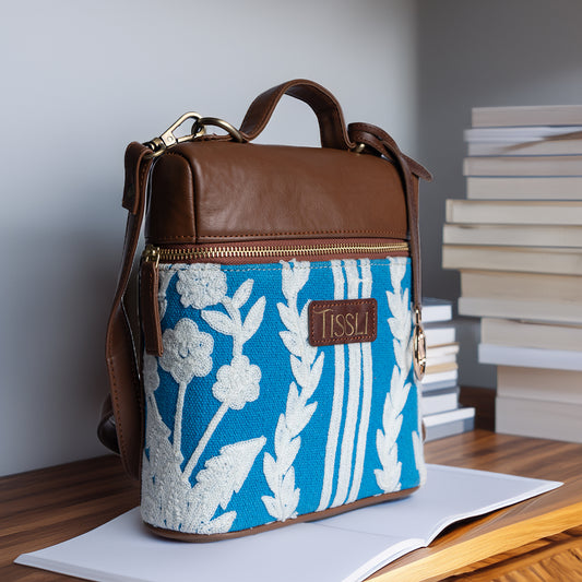 Chikankari Backpack | Blue handwoven design with delicate white embroidery for everyday elegance