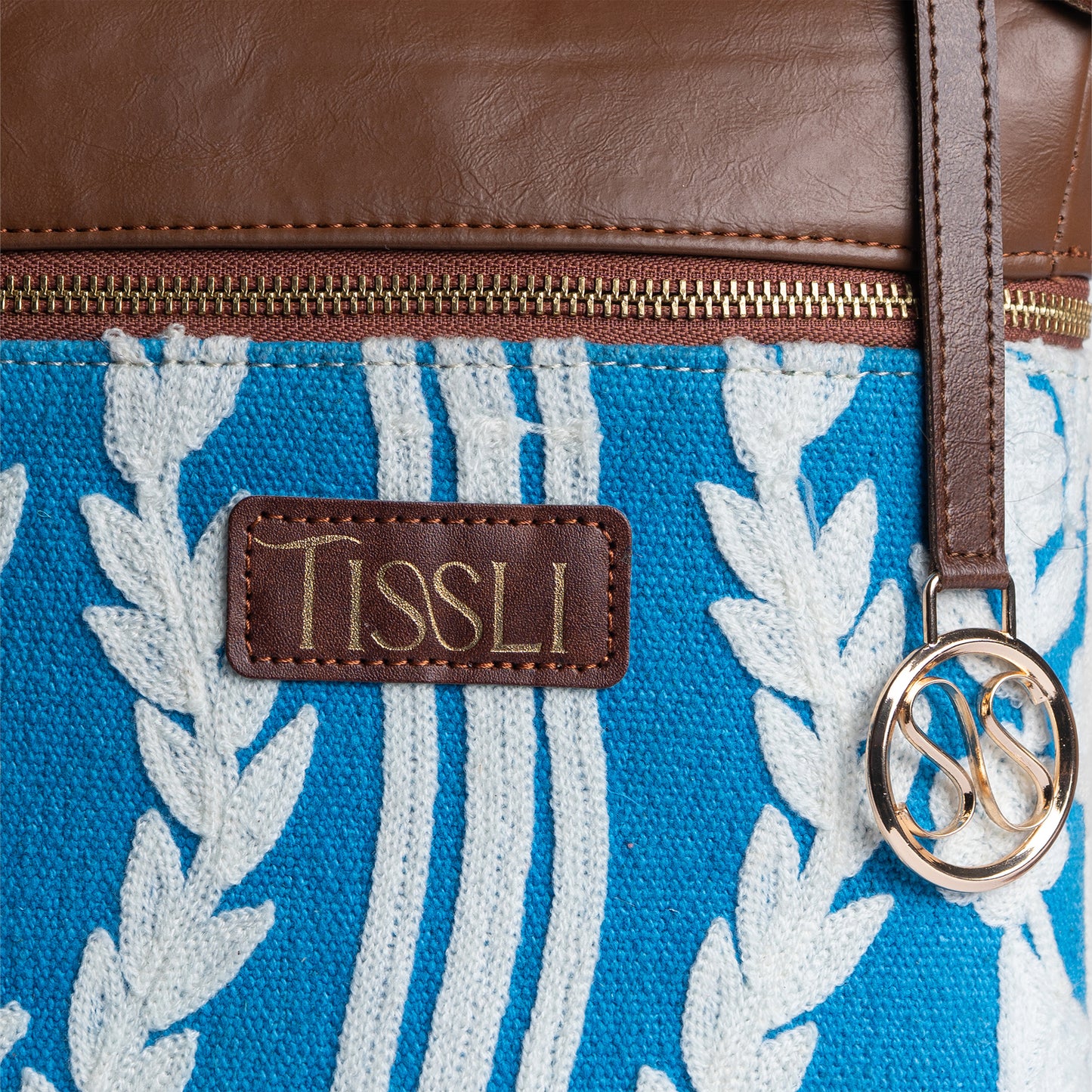 Chikankari Backpack | Blue handwoven design with delicate white embroidery for everyday elegance