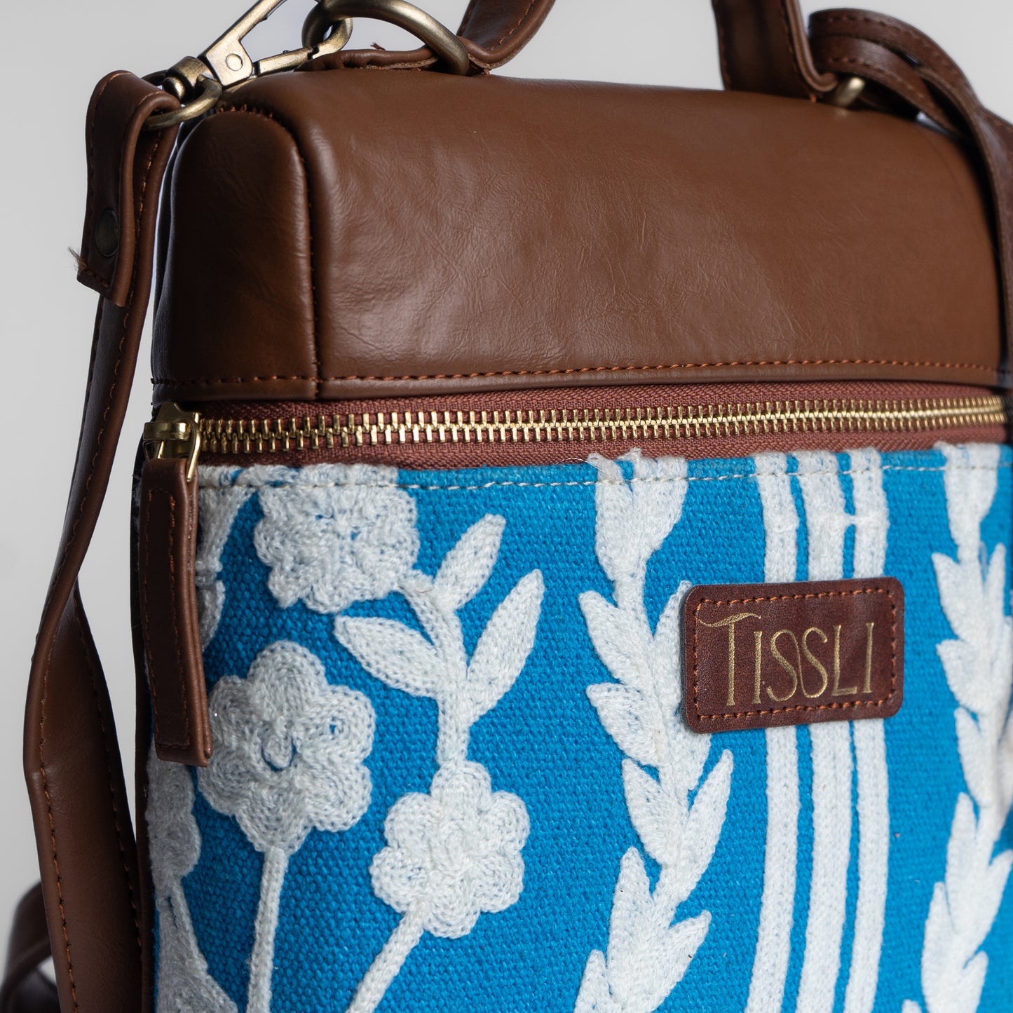 Chikankari Backpack | Blue handwoven design with delicate white embroidery for everyday elegance