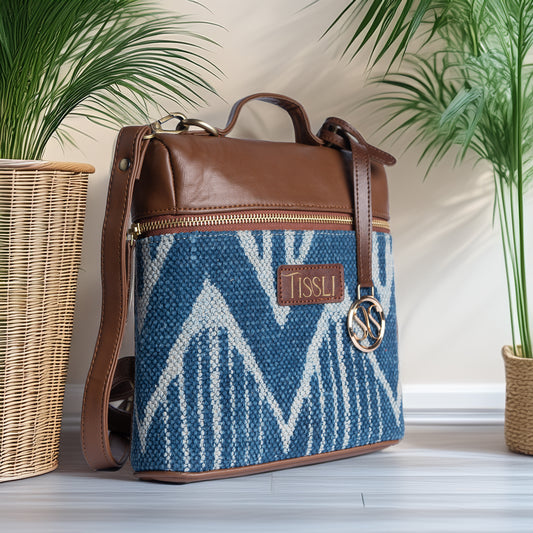 Indigo Chevron Pattern Cross Body Bag with Leather Detailing | Handcrafted Everyday Sling Bag