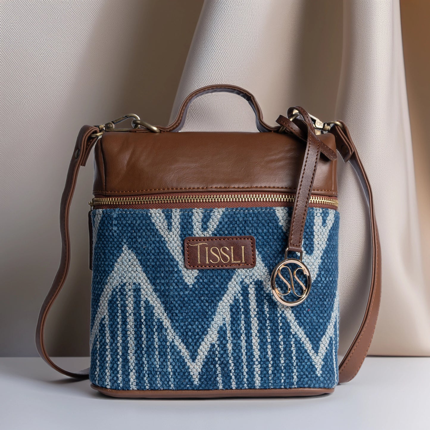 Indigo Chevron Pattern Cross Body Bag with Leather Detailing | Handcrafted Everyday Sling Bag