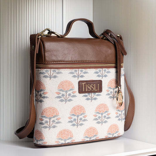 Floral Finesse Backpack | Handwoven soft beige design with delicate floral patterns for daily elegance