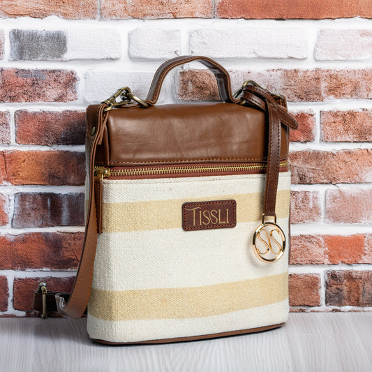 Desert Drift Beige Stripe Cross Body Bag with Tan Leather Finish | Handwoven Everyday Sling Bag