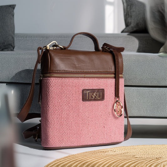 Roseate Canvas Backpack | Handwoven pink design with tan leather detailing for modern charm