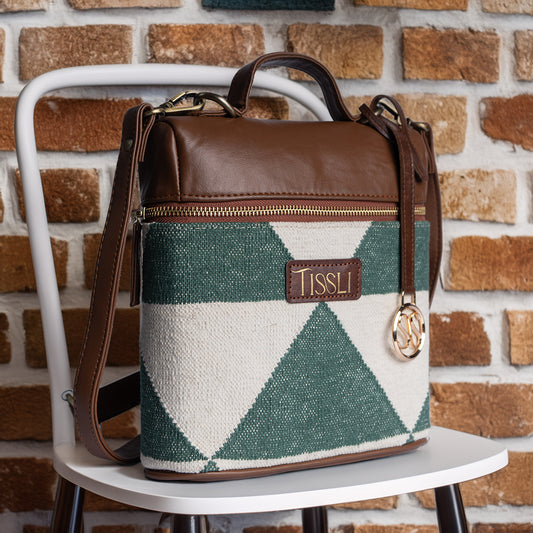 Vana Moksha Backpack | Handwoven green and white geometric design for effortless everyday use