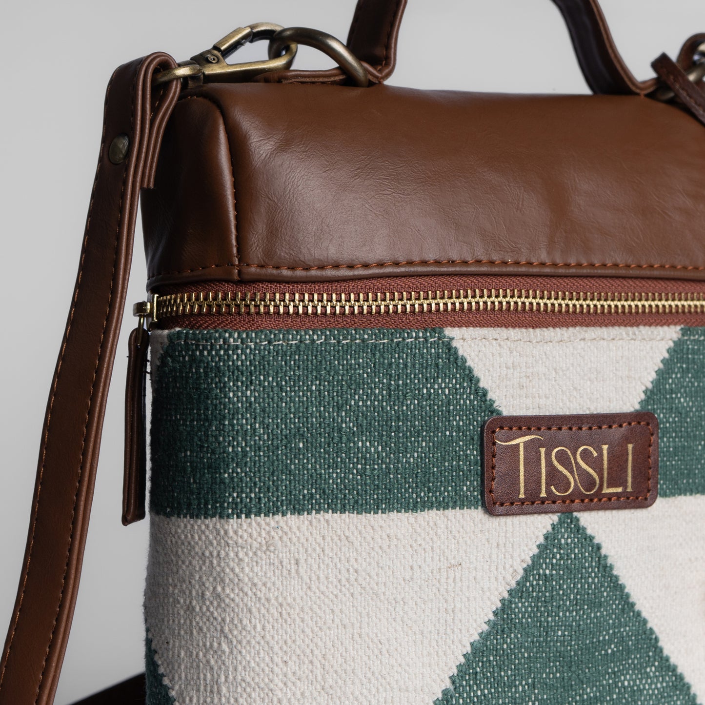 Vana Moksha Backpack | Handwoven green and white geometric design for effortless everyday use