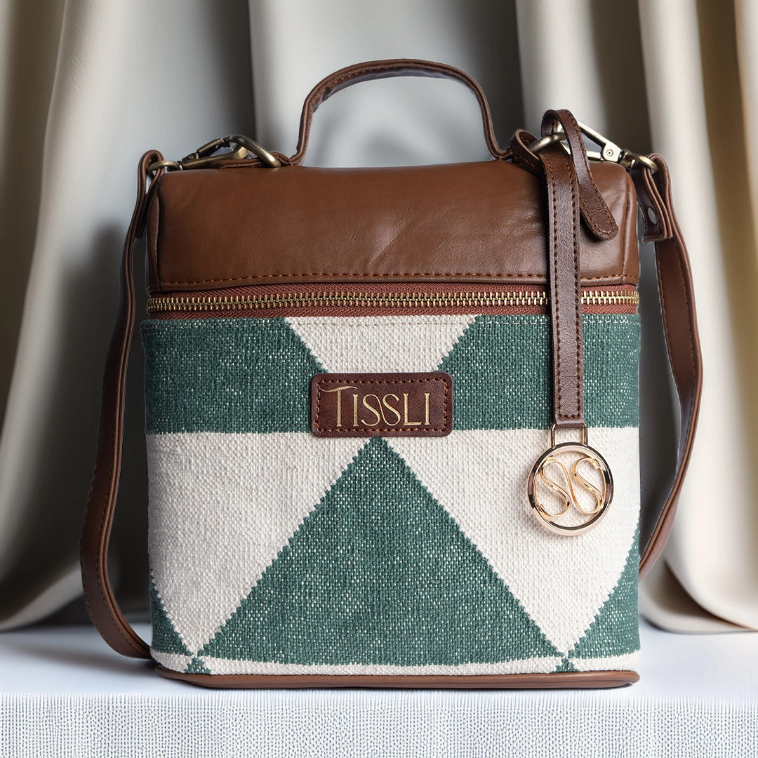 Vana Moksha Backpack | Handwoven green and white geometric design for effortless everyday use