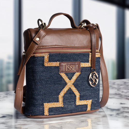 Celestial Lattice Denim Blue Backpack with Tan Leather Finish | Handcrafted Everyday Backpack