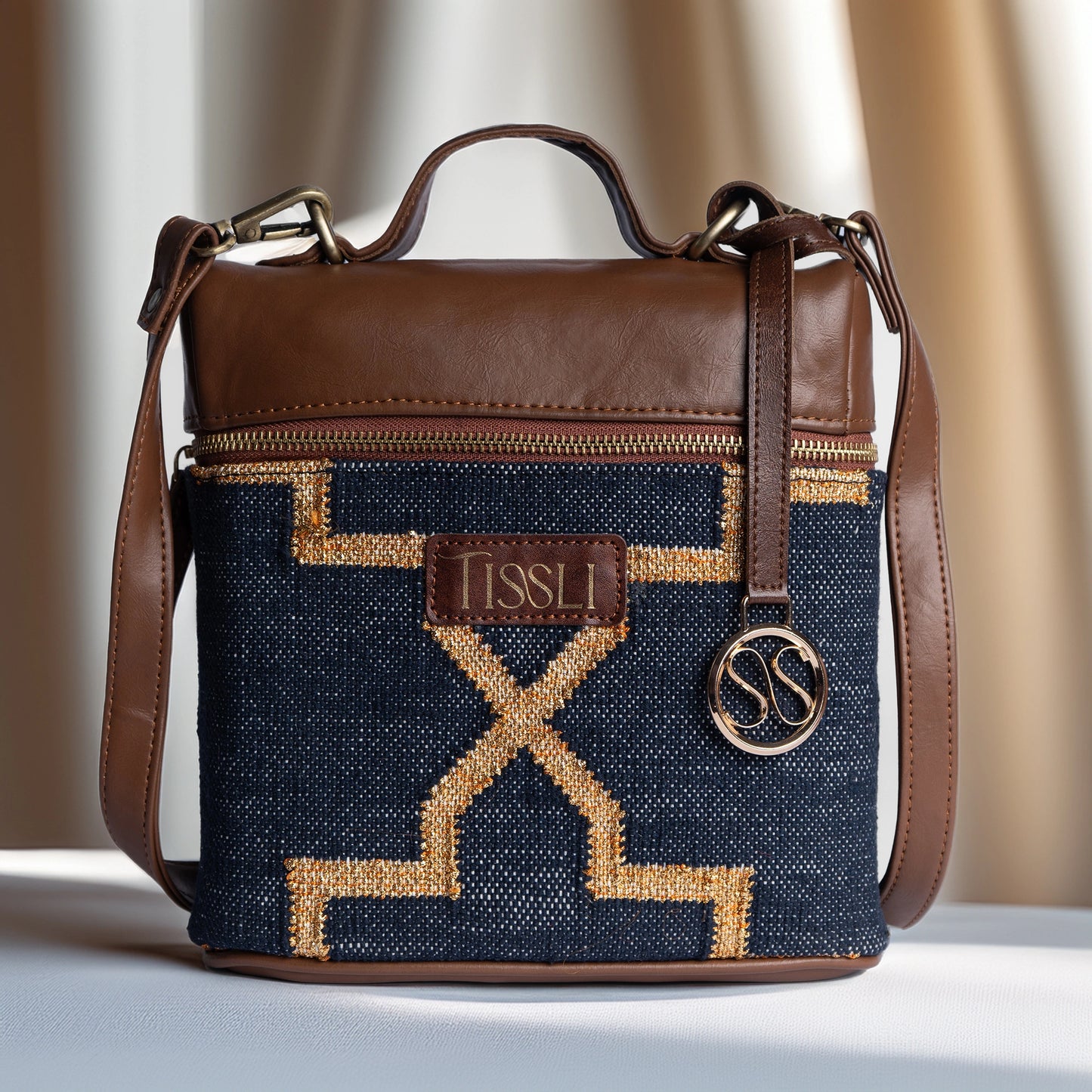 Celestial Lattice Denim Blue Backpack with Tan Leather Finish | Handcrafted Everyday Backpack