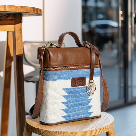 Mountain Mist Blue Geometric Cross Body Bag with Tan Leather Finish | Handwoven Everyday Sling Bag