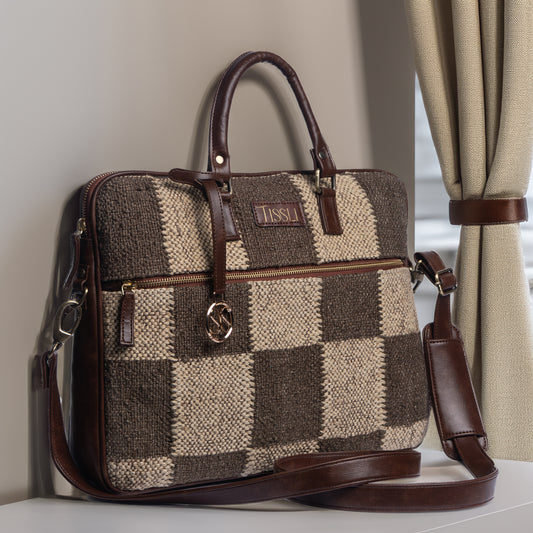 Checkered Grid Brown Laptop Bag with Leather Handles | Handwoven Office & Travel Bag