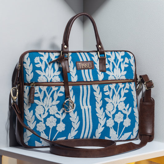 Chikankari Laptop Bag | Blue handwoven design with vertical floral embroidery for everyday elegance