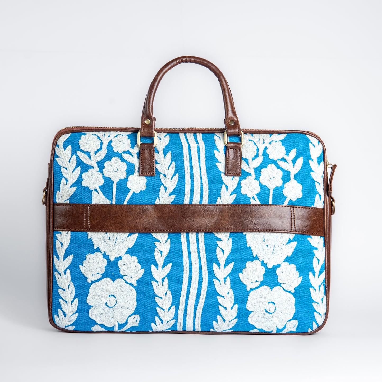Chikankari Laptop Bag | Blue handwoven design with vertical floral embroidery for everyday elegance