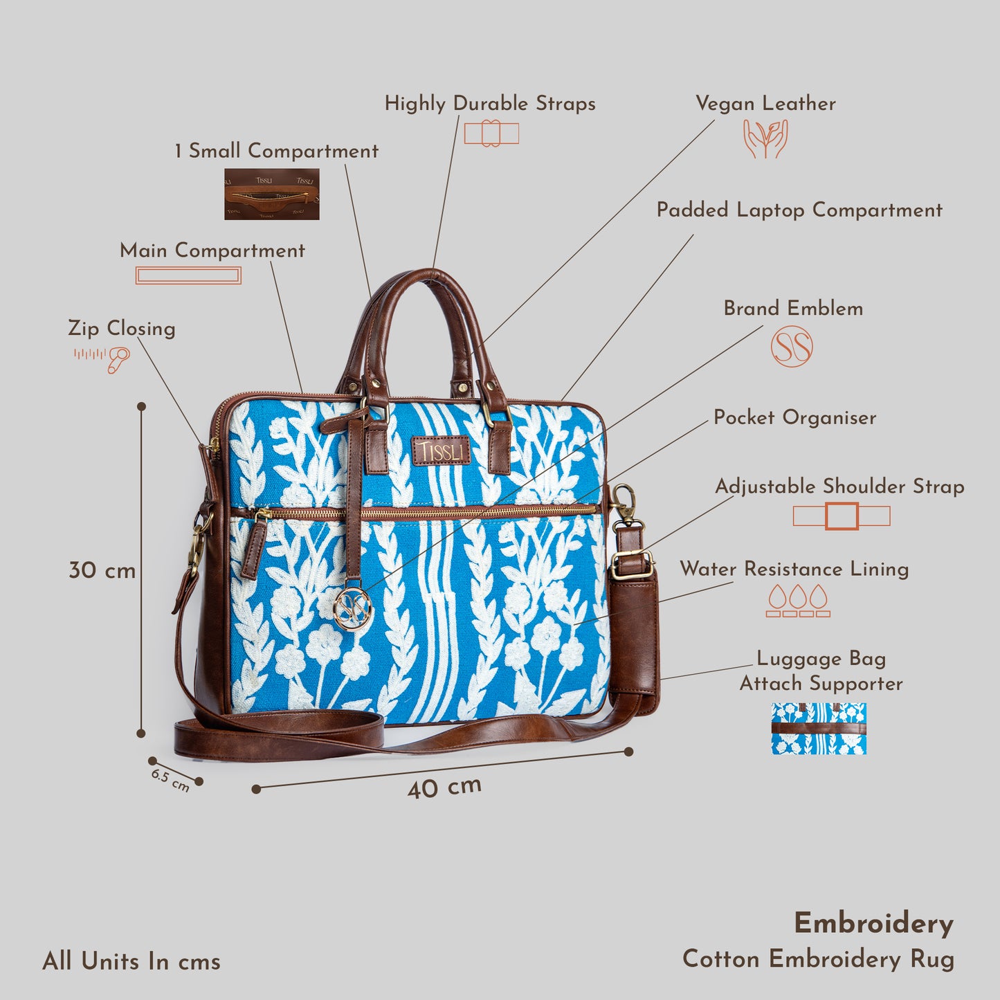Chikankari Laptop Bag | Blue handwoven design with vertical floral embroidery for everyday elegance