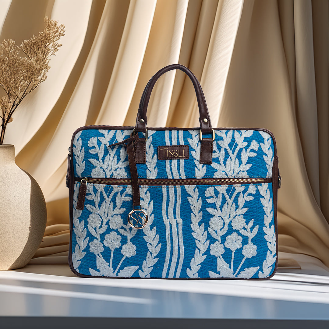 Chikankari Laptop Bag | Blue handwoven design with vertical floral embroidery for everyday elegance