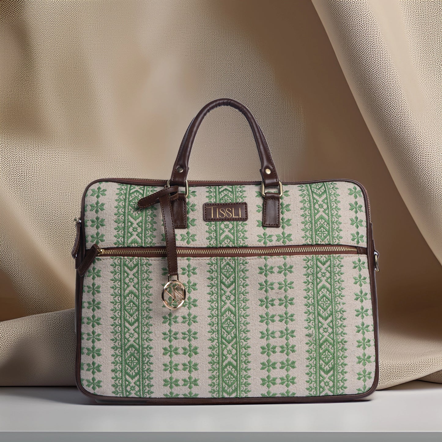 Paisley Motif Green Pattern Laptop Bag with Brown Leather Handles | Handwoven Work & Office Bag