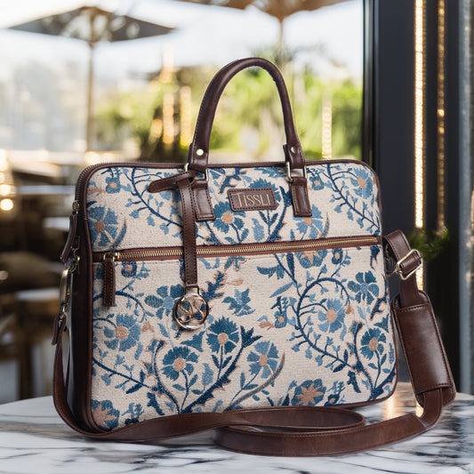 Paisley Paradise Laptop Bag | Handwoven Fabric with Blue and Beige Pattern, Perfect for Work or Travel