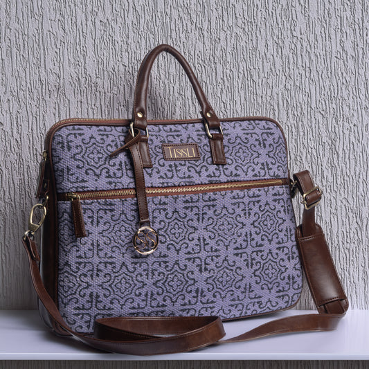 Lavender Lace Laptop Bag | Handwoven Fabric with Subtle Pattern and Classic Leather Detailing
