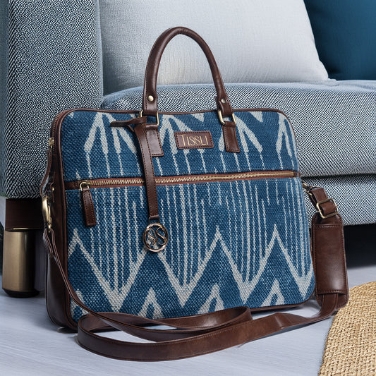 Indigo Chevron Laptop Bag | Handwoven Blue & White Pattern for Work, Travel & Everyday Use