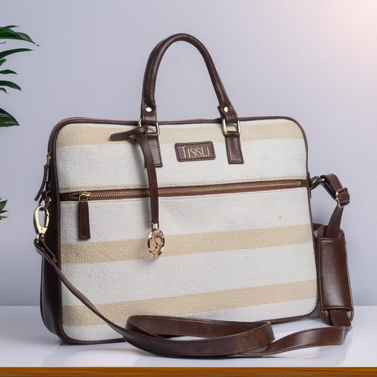 Desert Drift Beige Stripe Laptop Bag with Brown Leather Handles | Handwoven Office & Travel Bag