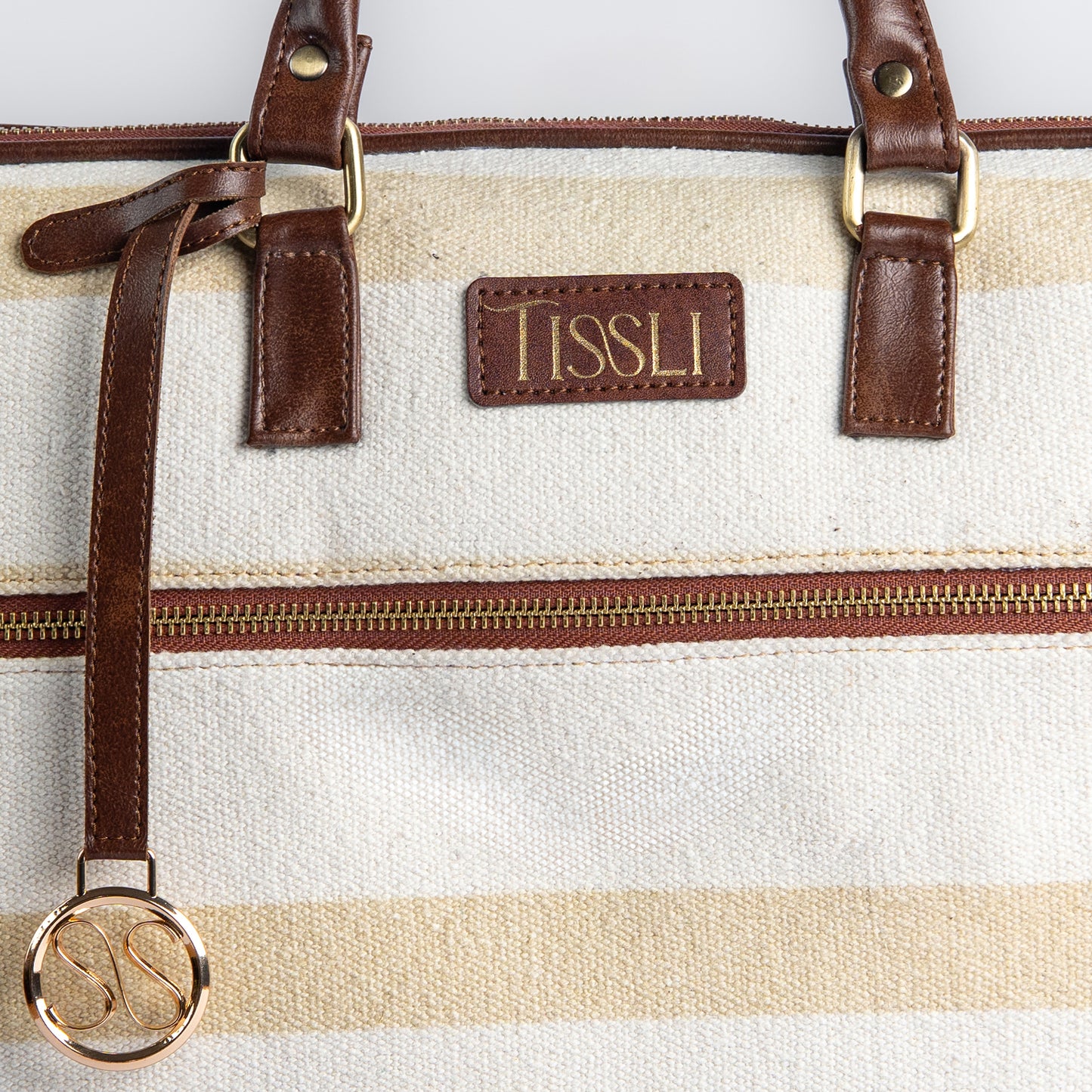Desert Drift Beige Stripe Laptop Bag with Brown Leather Handles | Handwoven Office & Travel Bag