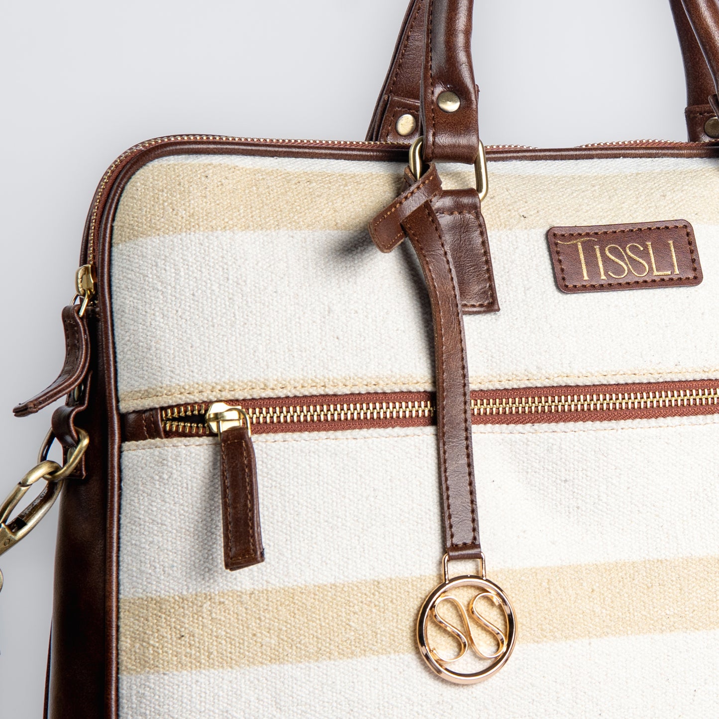 Desert Drift Beige Stripe Laptop Bag with Brown Leather Handles | Handwoven Office & Travel Bag