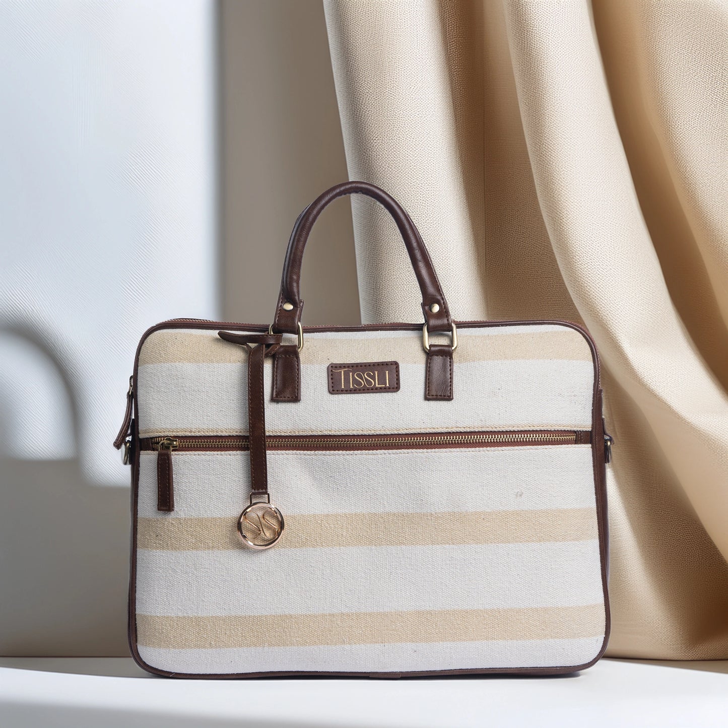 Desert Drift Beige Stripe Laptop Bag with Brown Leather Handles | Handwoven Office & Travel Bag
