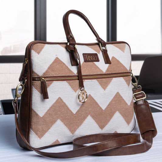 Desert Dunes Beige Chevron Laptop Bag with Brown Leather Handles | Handwoven Office & Travel Bag