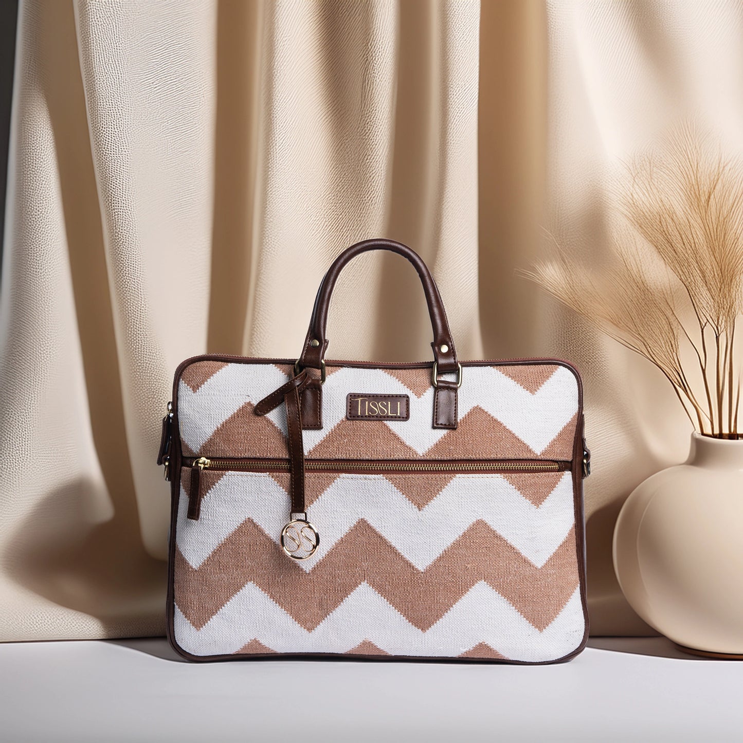 Desert Dunes Beige Chevron Laptop Bag with Brown Leather Handles | Handwoven Office & Travel Bag