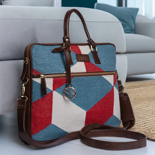 Handwoven Illusionist Laptop Bag with Brown Leather Handles | Bold Geometric Design for Work and Everyday Use