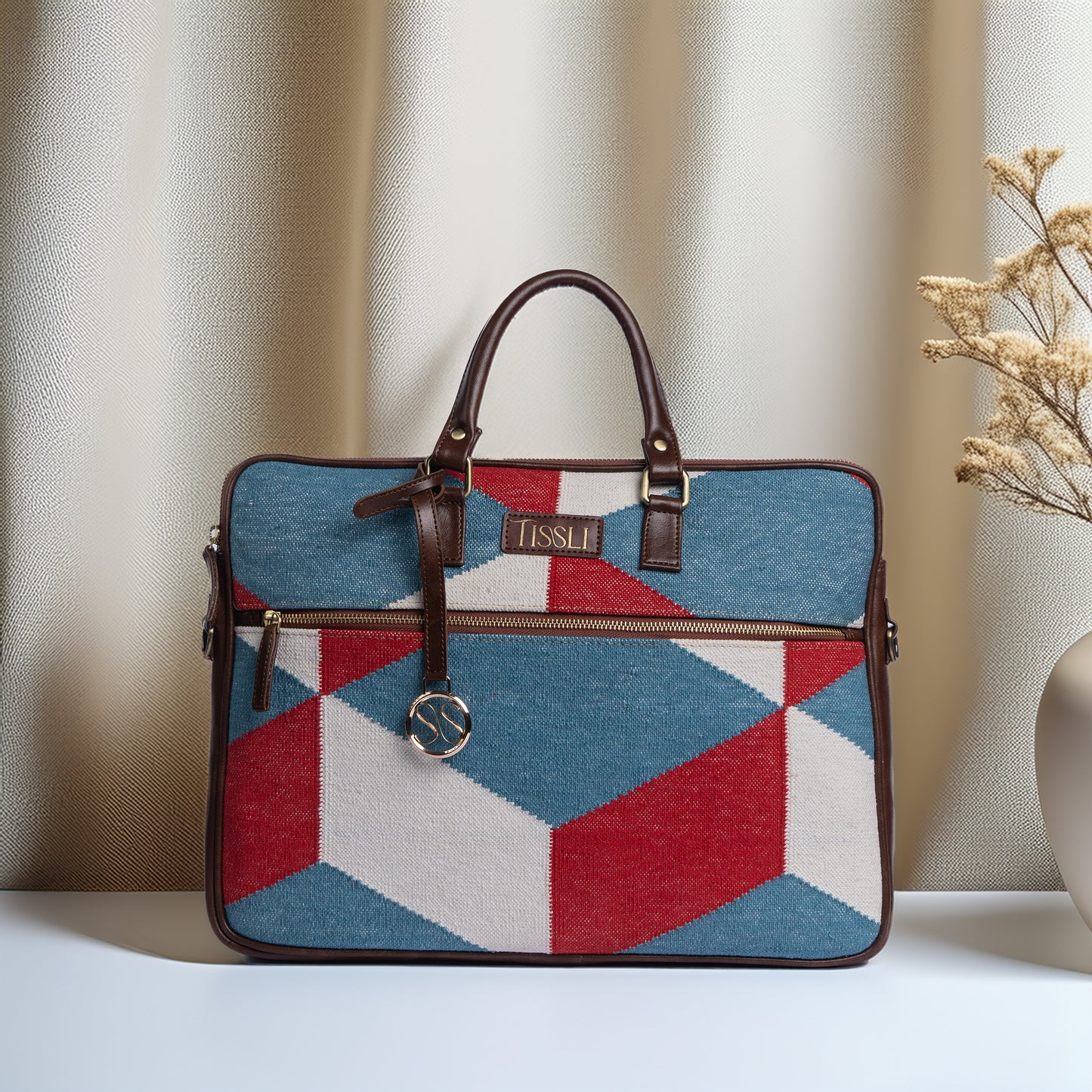 Handwoven Illusionist Laptop Bag with Brown Leather Handles | Bold Geometric Design for Work and Everyday Use