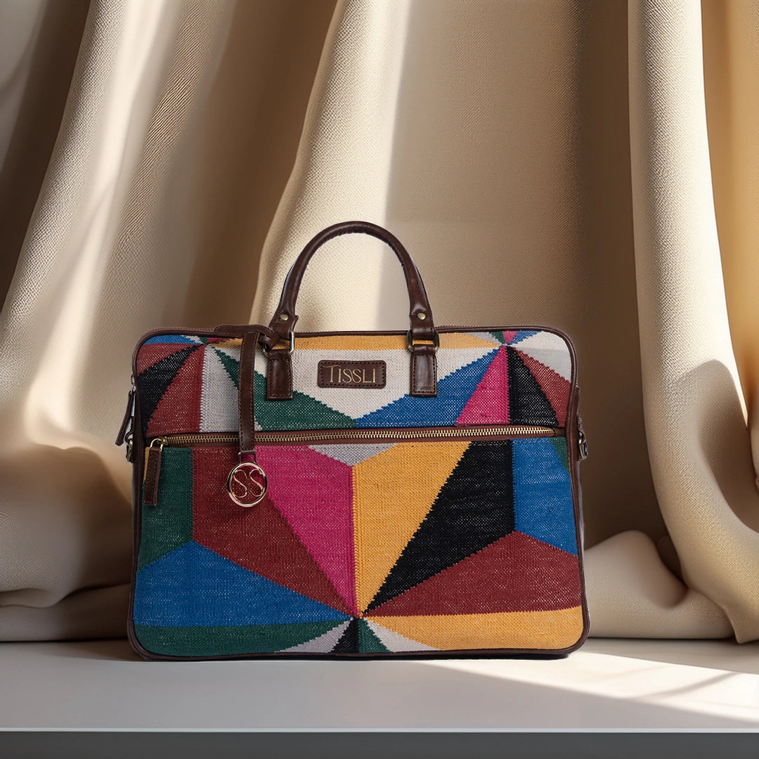 Vibrant Bold Multicolour - Leather Base Laptop Bag with modern Artistry