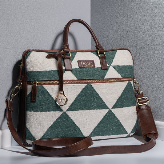 Vana Moksha Laptop Bag | Geometric Handloom Pattern in Earthy Green Hues, Balancing Heritage Craft with Modern Utility