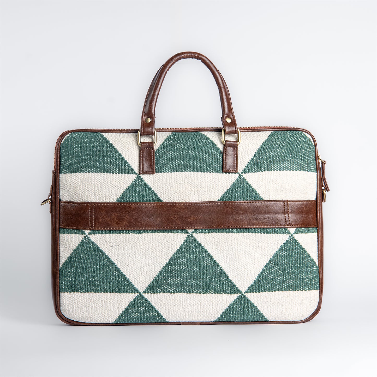 Vana Moksha Laptop Bag | Geometric Handloom Pattern in Earthy Green Hues, Balancing Heritage Craft with Modern Utility