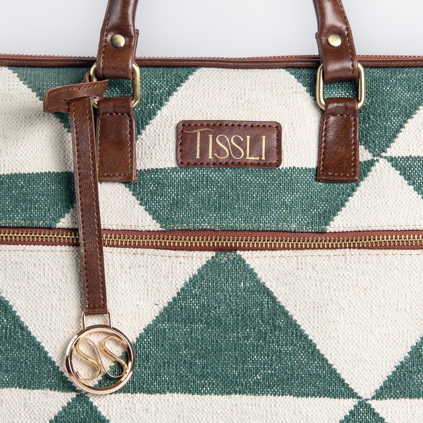Vana Moksha Laptop Bag | Geometric Handloom Pattern in Earthy Green Hues, Balancing Heritage Craft with Modern Utility
