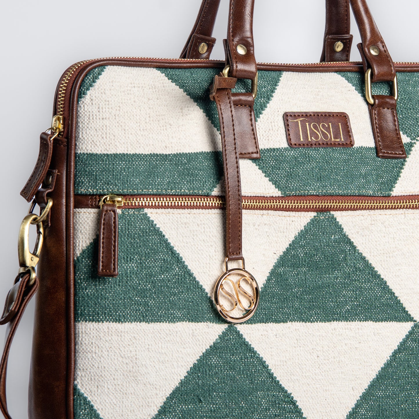 Vana Moksha Laptop Bag | Geometric Handloom Pattern in Earthy Green Hues, Balancing Heritage Craft with Modern Utility