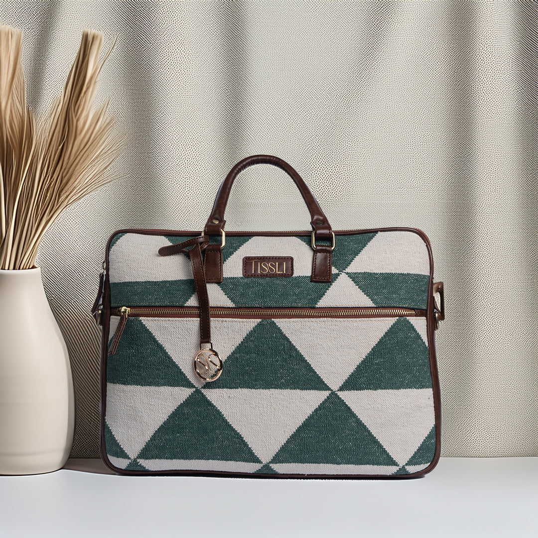 Vana Moksha Laptop Bag | Geometric Handloom Pattern in Earthy Green Hues, Balancing Heritage Craft with Modern Utility