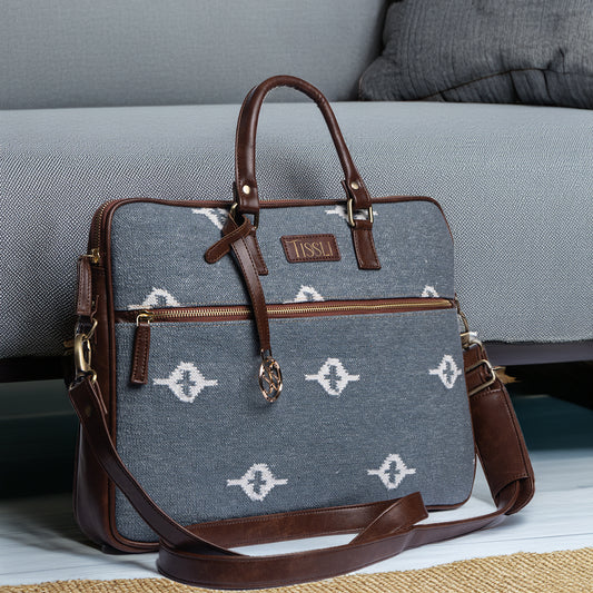 Skylight Serenity Handcrafted Laptop Bag | Elegant Blue Handloom Work Bag with Leather Handles