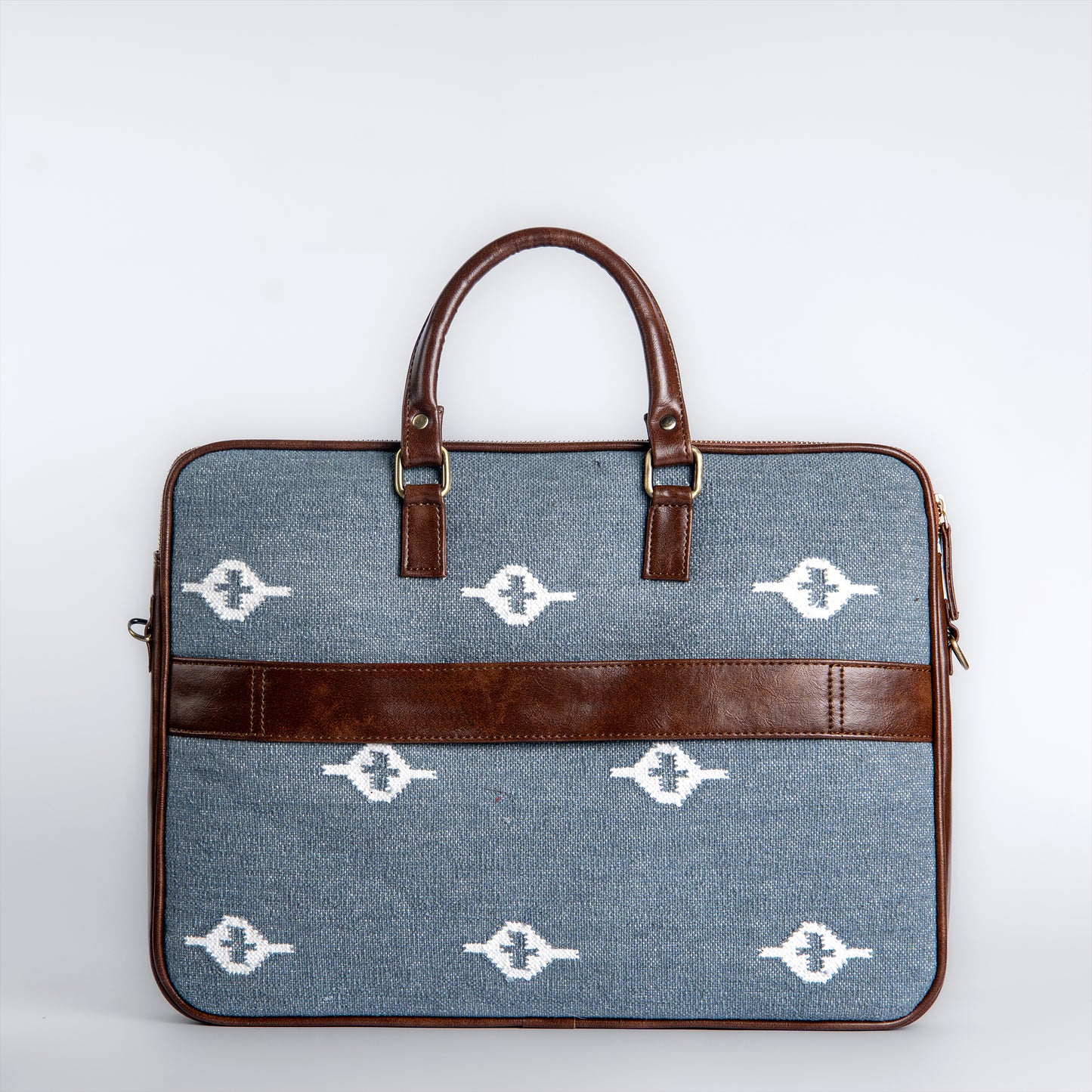 Skylight Serenity Handcrafted Laptop Bag | Elegant Blue Handloom Work Bag with Leather Handles