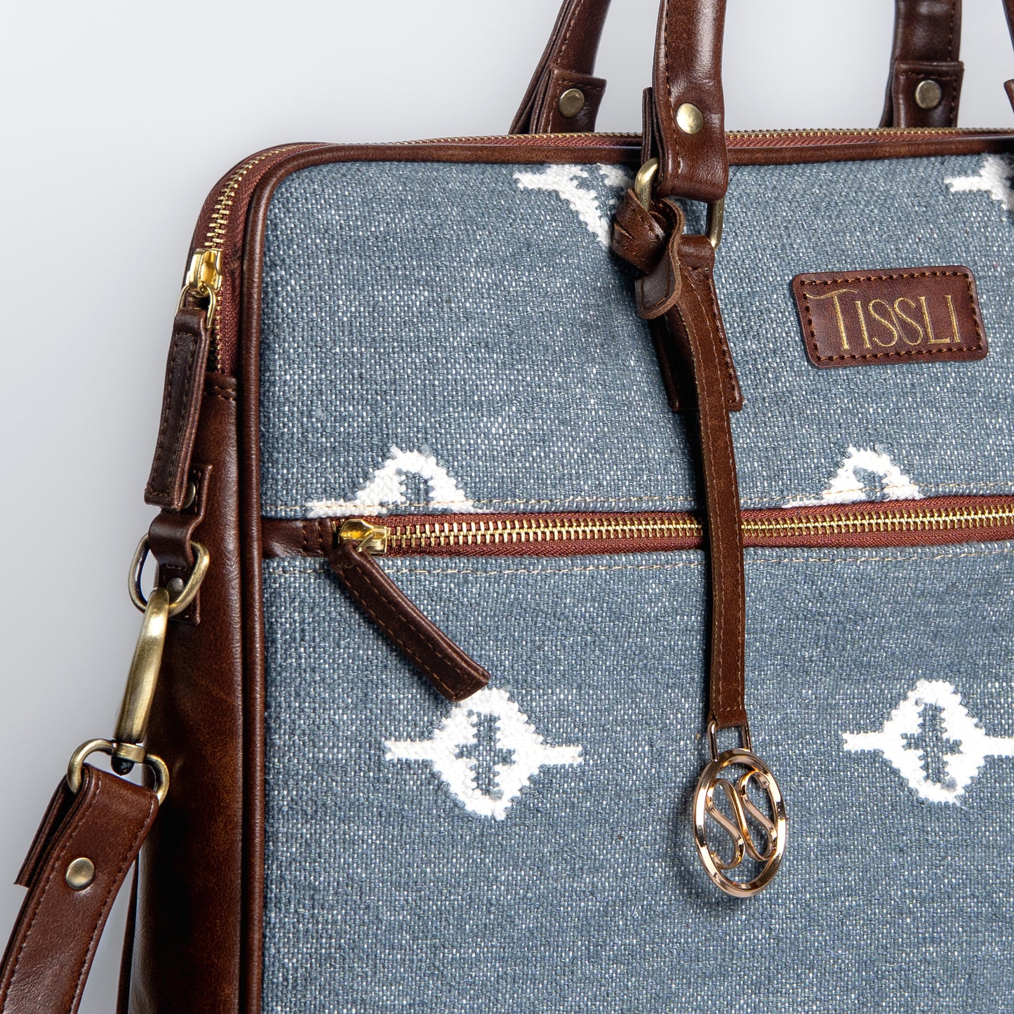 Skylight Serenity Handcrafted Laptop Bag | Elegant Blue Handloom Work Bag with Leather Handles