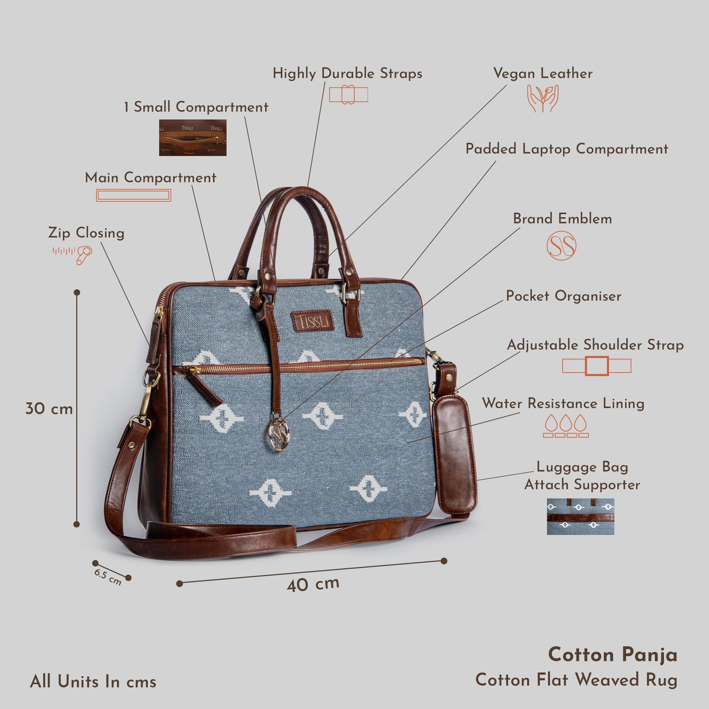Skylight Serenity Handcrafted Laptop Bag | Elegant Blue Handloom Work Bag with Leather Handles