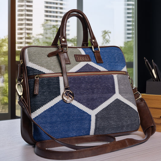 Honeycomb Hues Handcrafted Laptop Bag | Durable Fabric with Stylish Blue and Grey Pattern