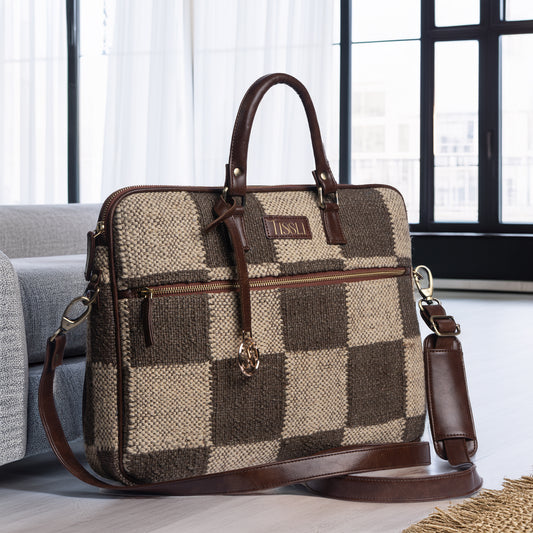 Checkered Grid Brown Laptop Bag with Leather Handles | Handwoven Office & Work Bag
