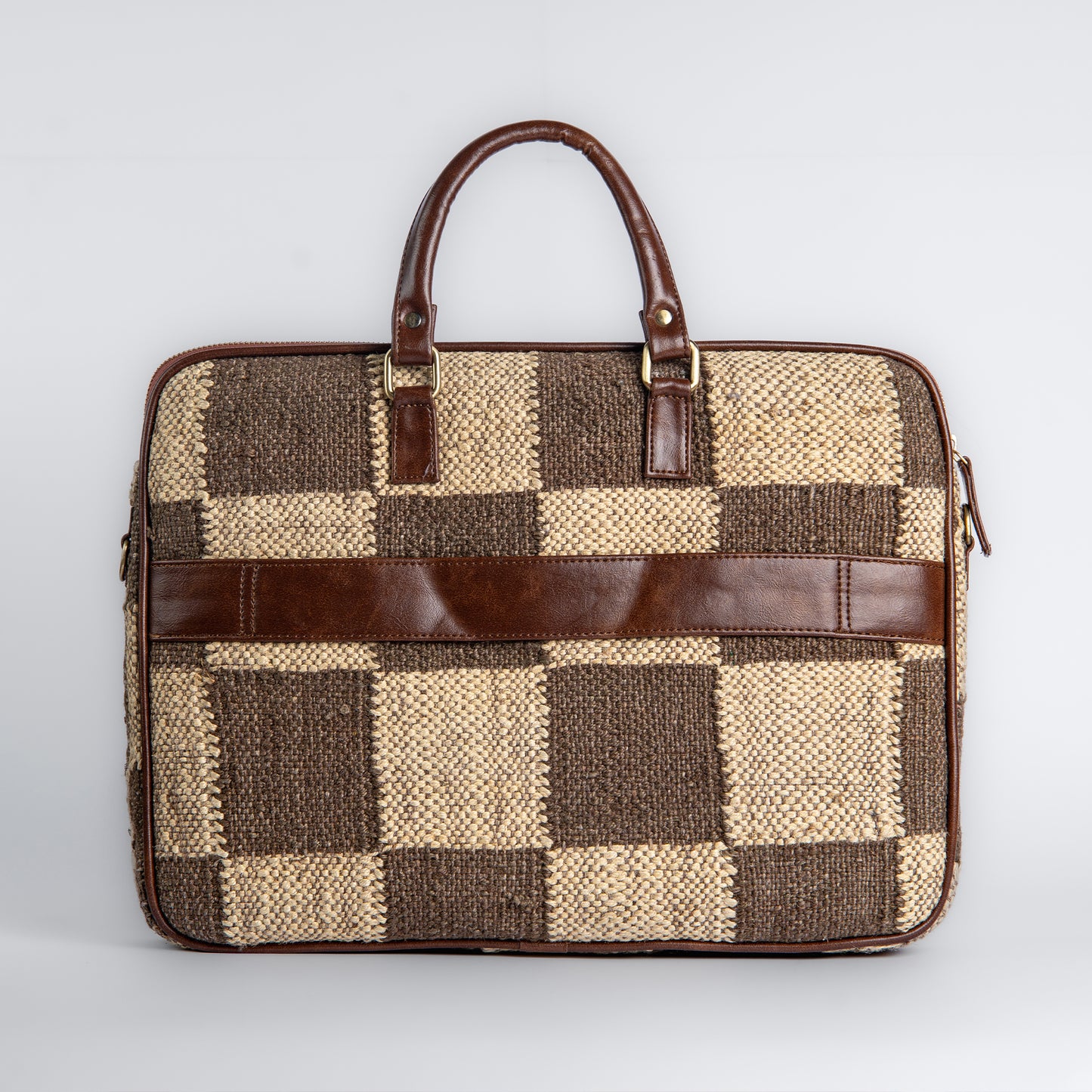Checkered Grid Brown Laptop Bag with Leather Handles | Handwoven Office & Work Bag