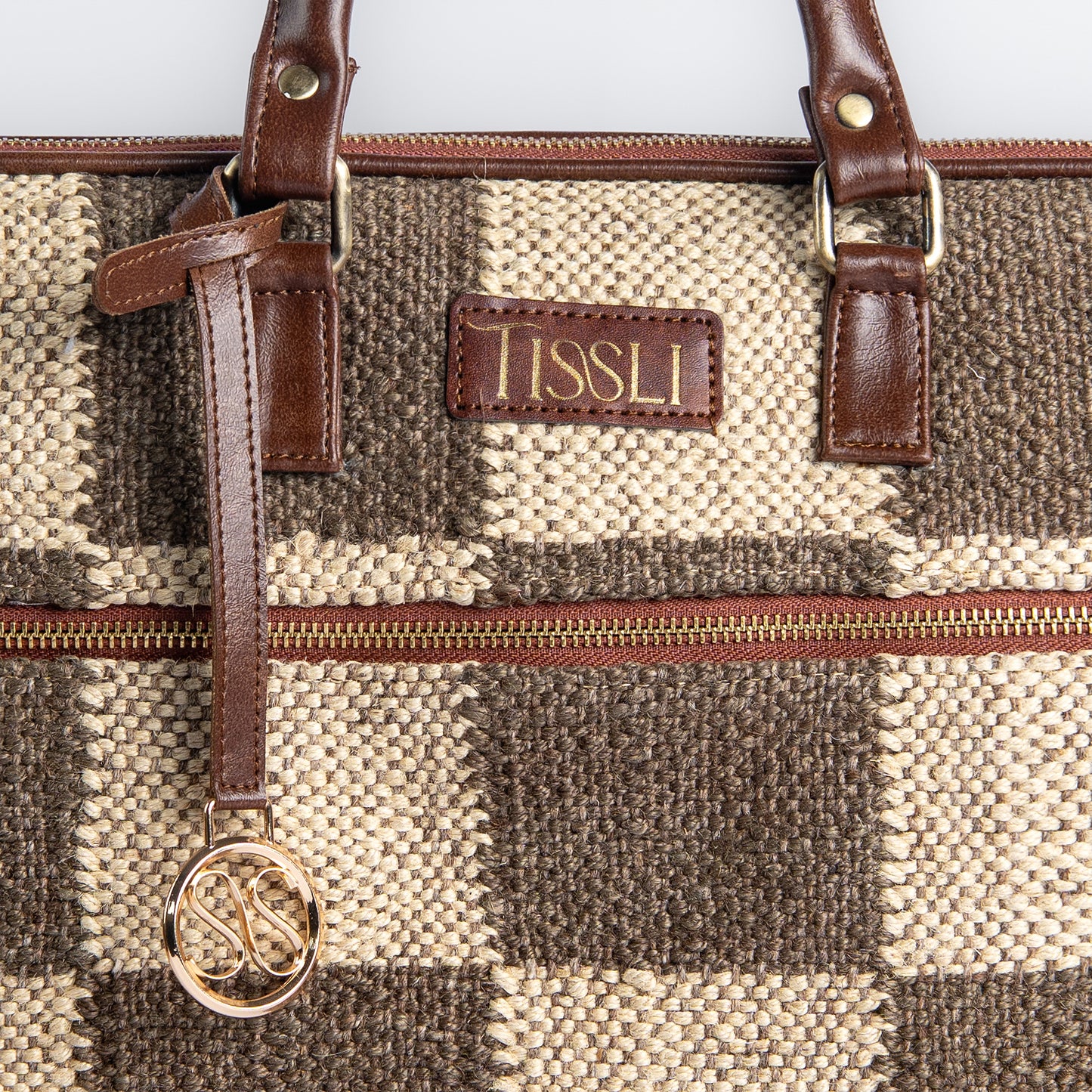 Checkered Grid Brown Laptop Bag with Leather Handles | Handwoven Office & Work Bag