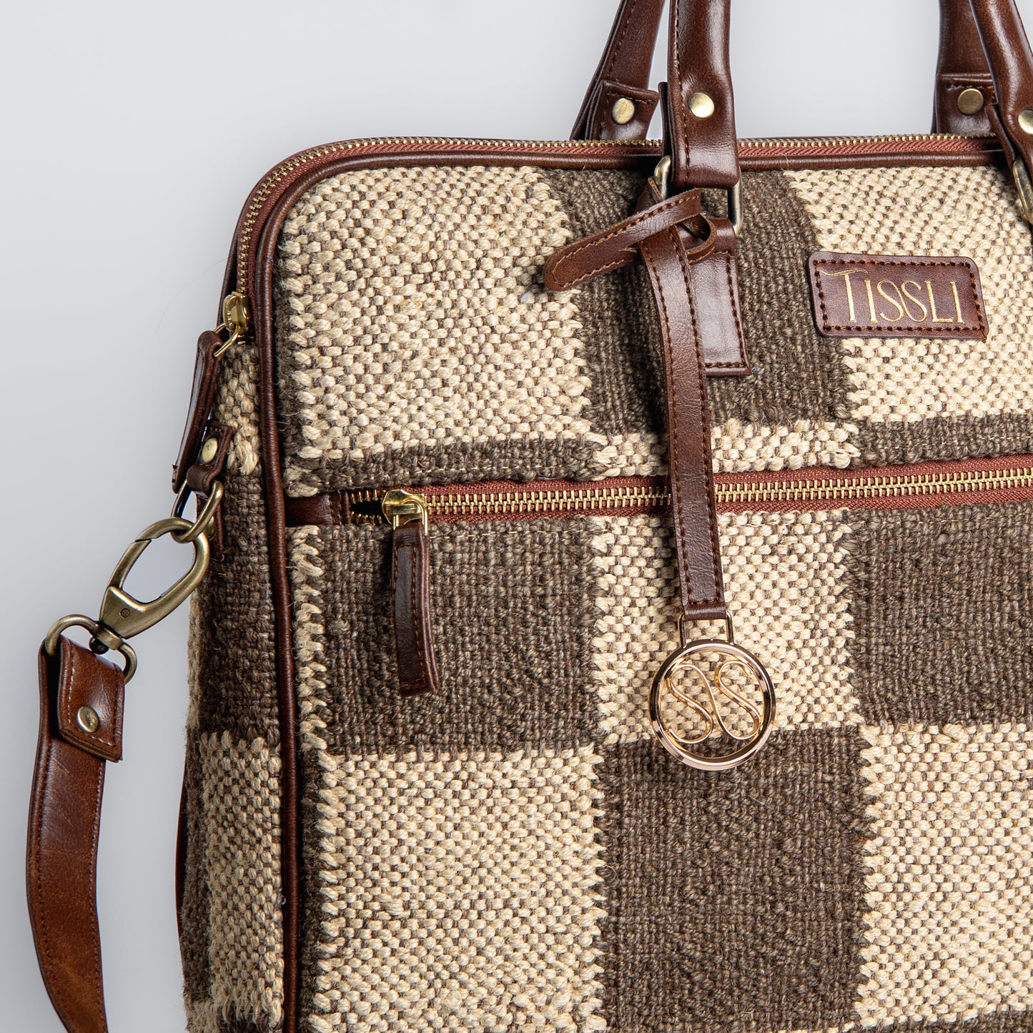 Checkered Grid Brown Laptop Bag with Leather Handles | Handwoven Office & Work Bag