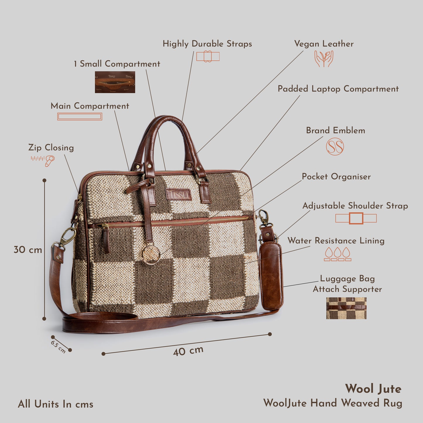 Checkered Grid Brown Laptop Bag with Leather Handles | Handwoven Office & Work Bag